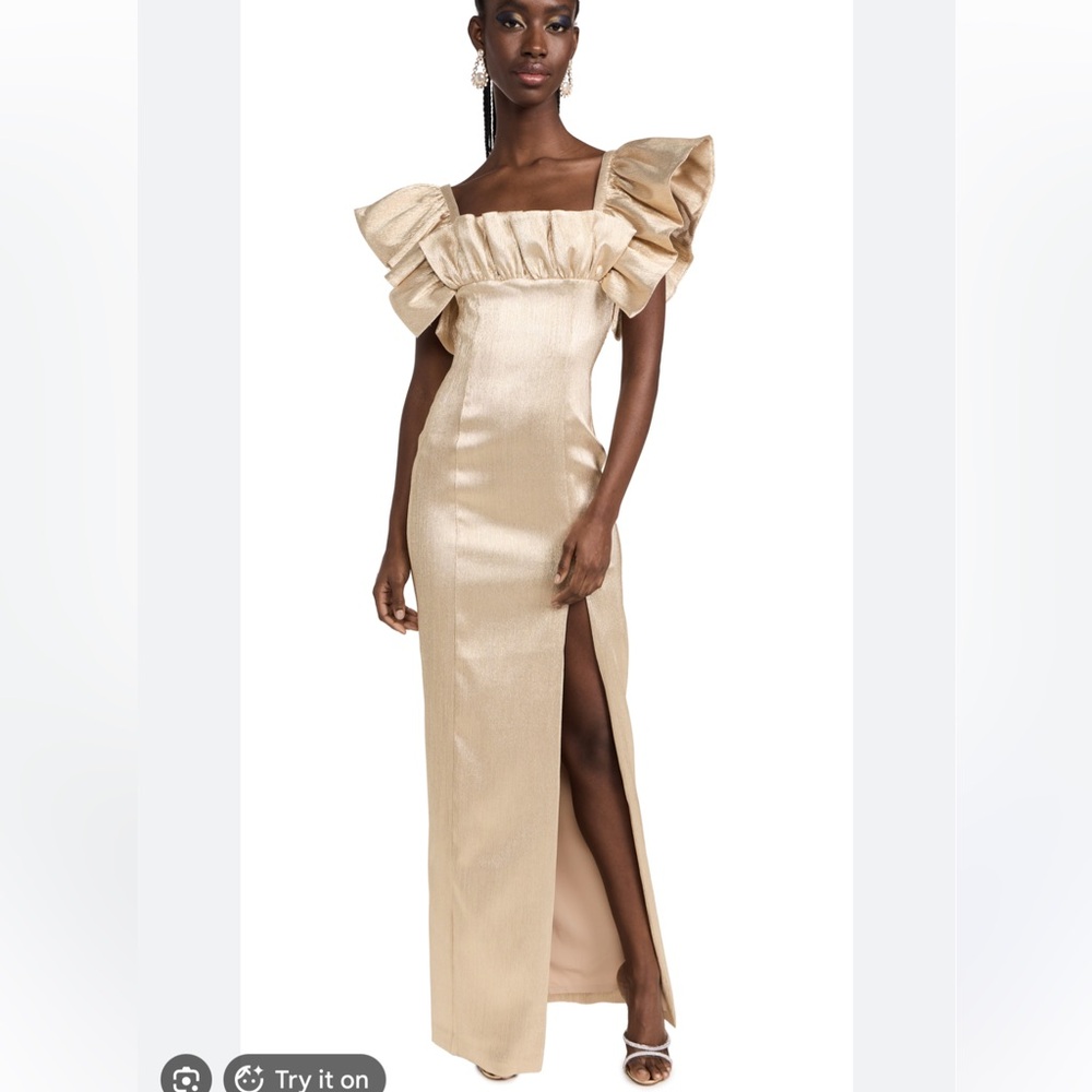 Black Halo Gold Ruffle Maxi Dress